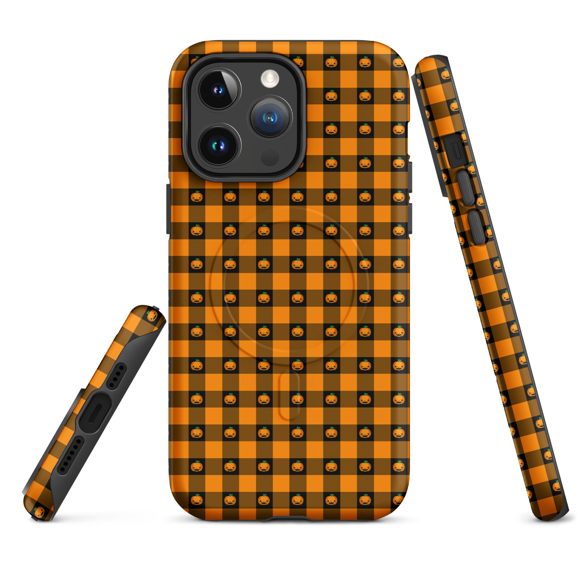 Magnetic Phone Case for iPhone with Halloween pumpkin gingham design, featuring jack-o'-lantern faces, festive seasonal accessory.