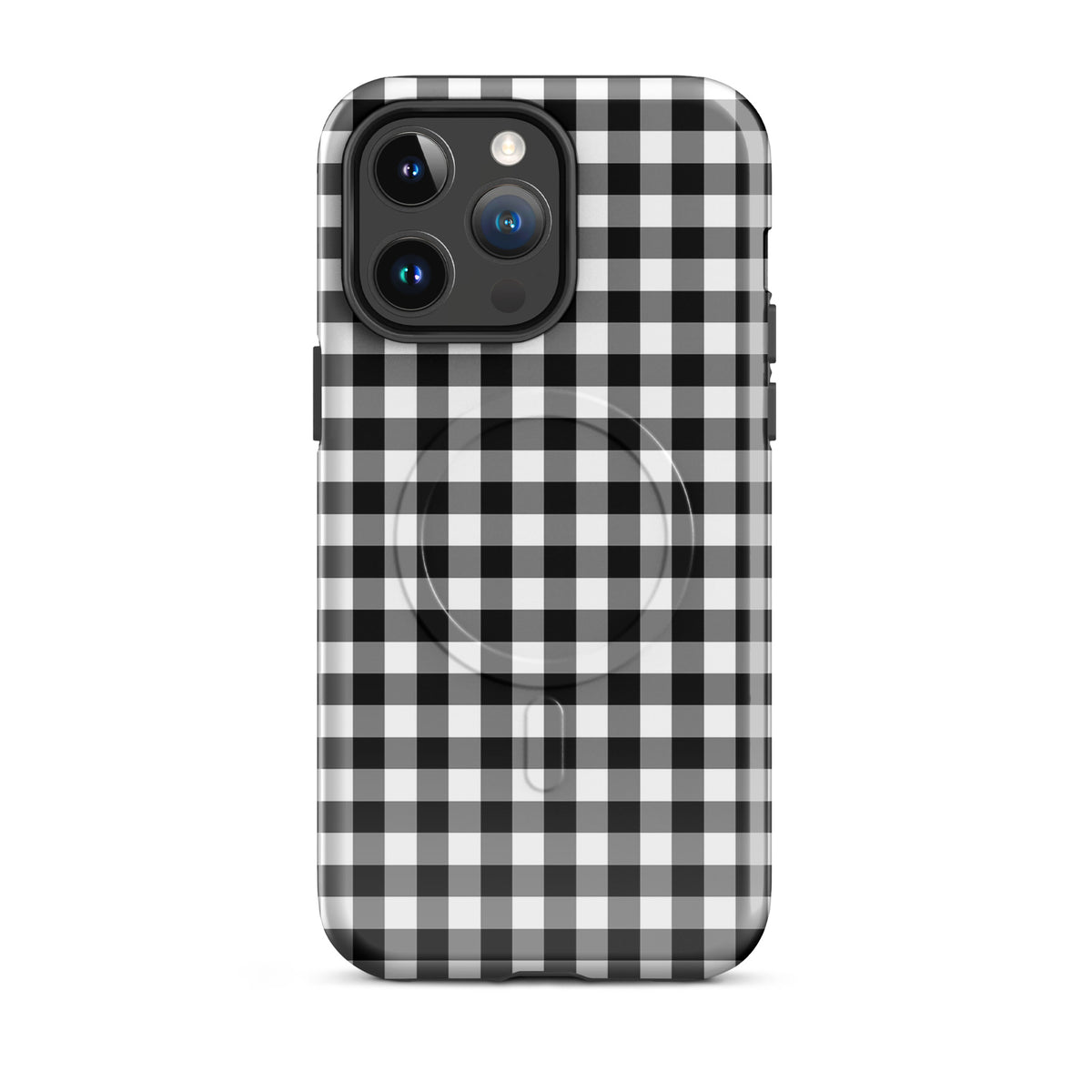 Magnetic Phone Case in black and white gingham pattern for iPhone, offering style and protection.