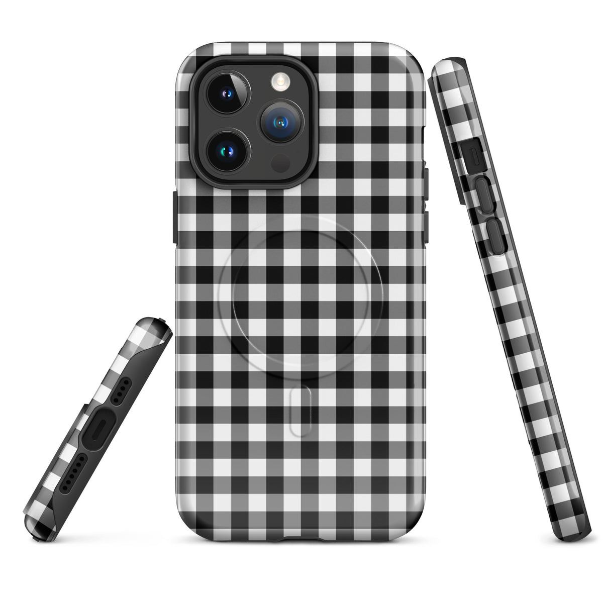 Magnetic Phone Case with black and white gingham pattern for iPhone, providing style and protection.