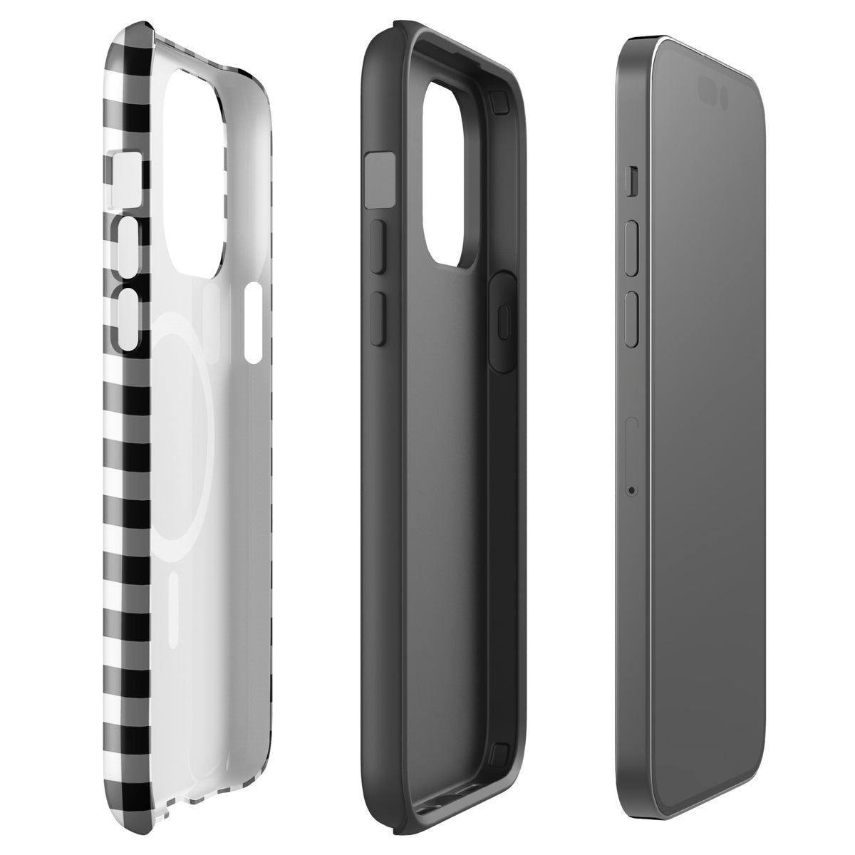 Magnetic Phone Case in black-and-white gingham pattern offering style and protection for iPhone, shown from three angles.