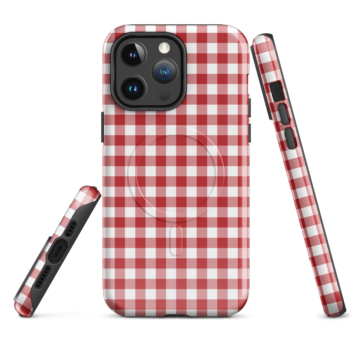 Magnetic Phone Case with red and white gingham pattern for iPhone, offering stylish protection and luxury craftsmanship.