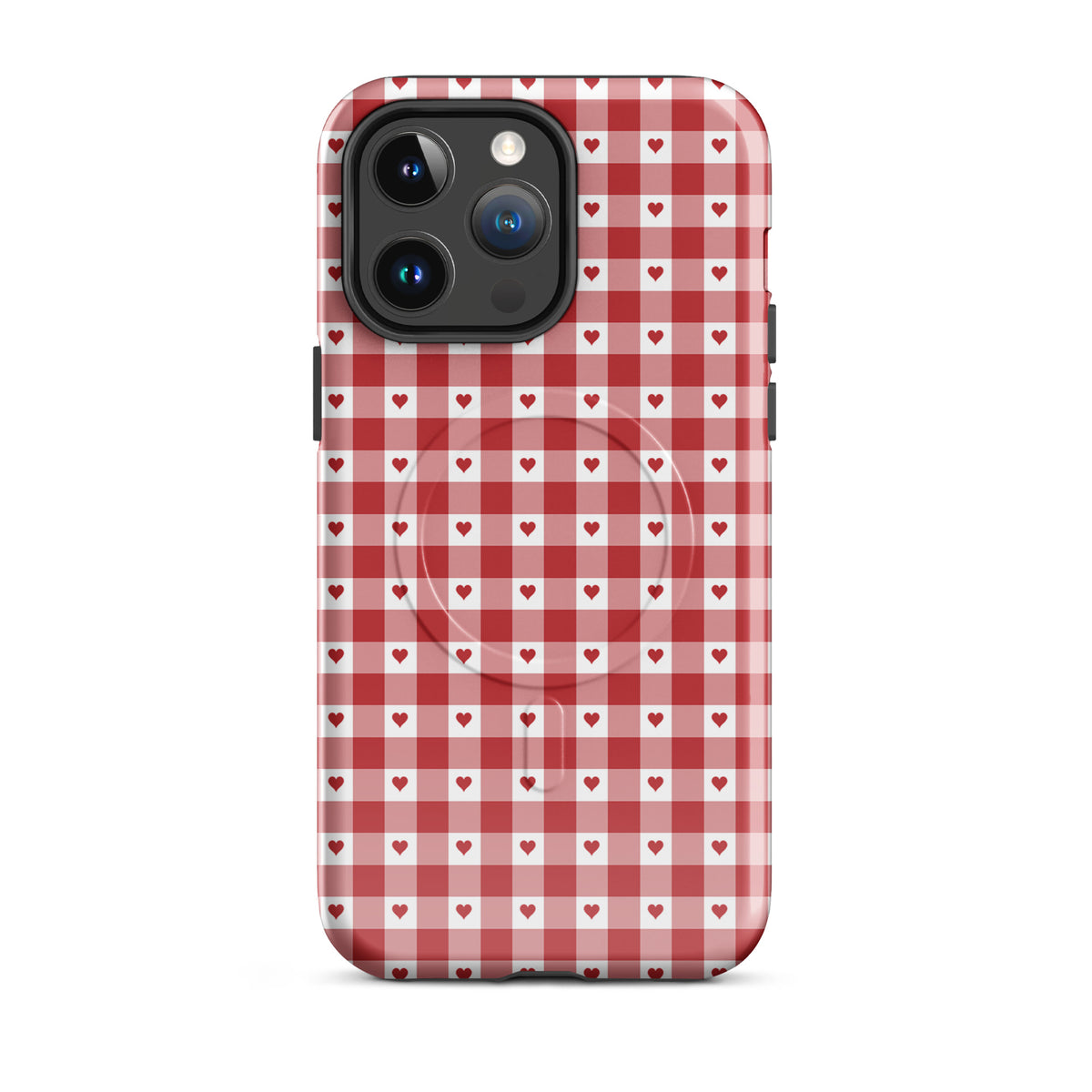 Magnetic Phone Case with red gingham heart pattern for iPhone, blending style and durability. Perfect accessory for chic phone protection.
