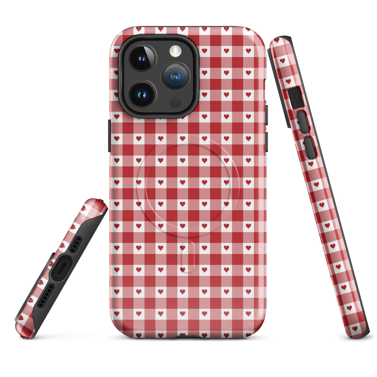 Magnetic Phone Case in red gingham heart pattern for iPhone, stylish and durable design with red hearts.