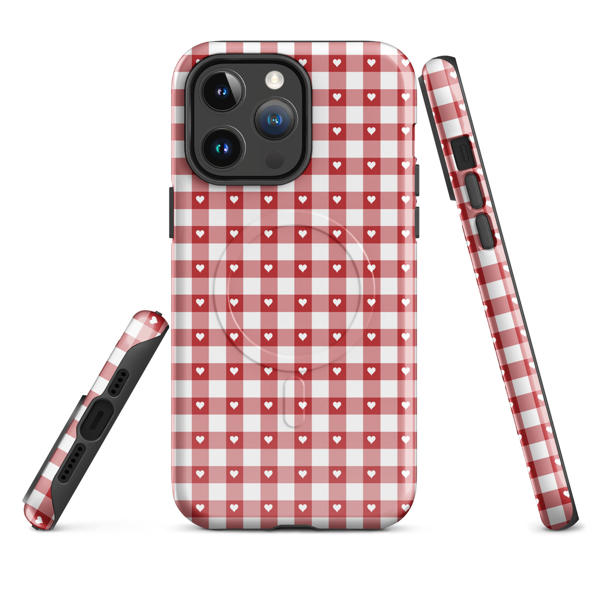 Magnetic Phone Case for iPhone with red-and-white gingham pattern and hearts design, offering stylish protection and durability.