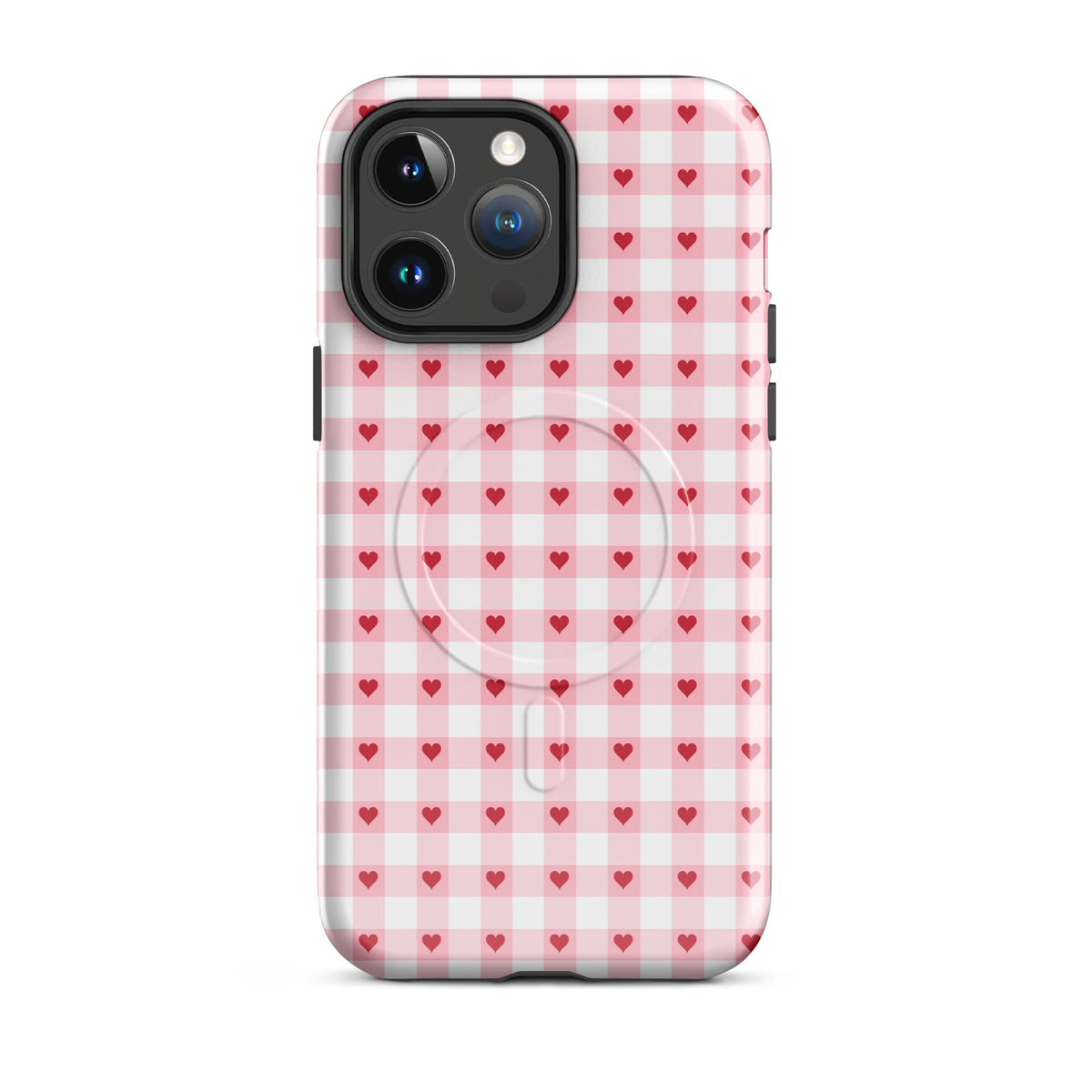 Magnetic Phone Case with pink-and-white gingham and red heart pattern for iPhone, showing playful and stylish design.