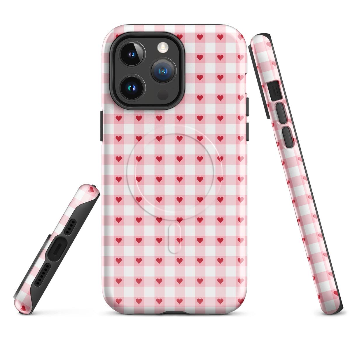Magnetic Phone Case with pink-and-white gingham heart pattern for iPhone, featuring red hearts for stylish protection.