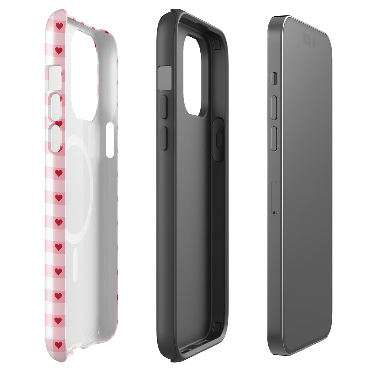 Magnetic Phone Case for iPhone with pink-and-white gingham heart pattern, pink and red hearts design, stylish and durable.