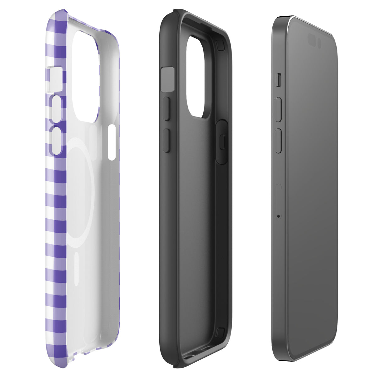 Magnetic Phone Case for iPhone with purple-white gingham pattern, showing front, back, and side views, stylish and protective accessory.