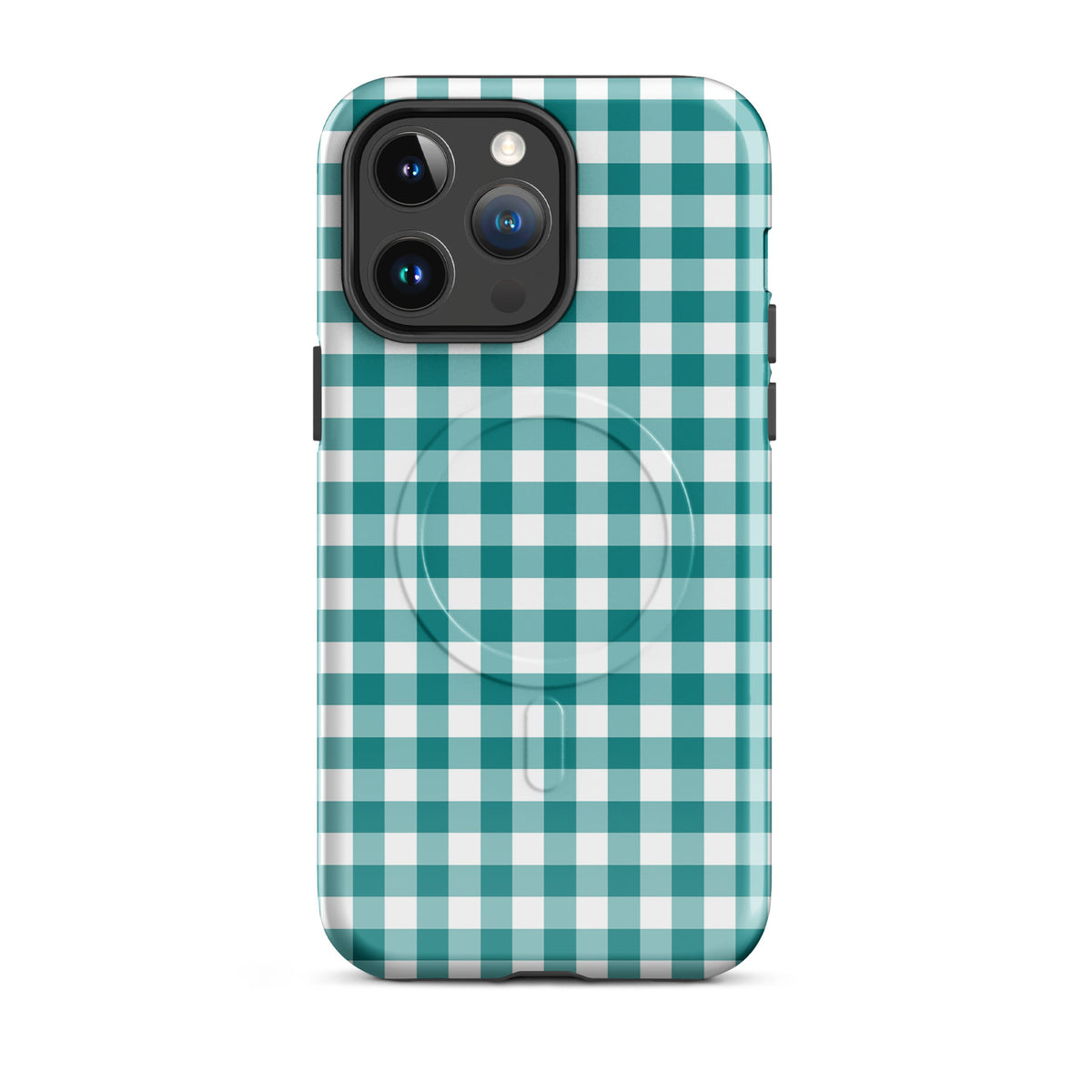 Magnetic Phone Case in teal and white gingham pattern for iPhone, stylish and durable accessory offering chic protection.