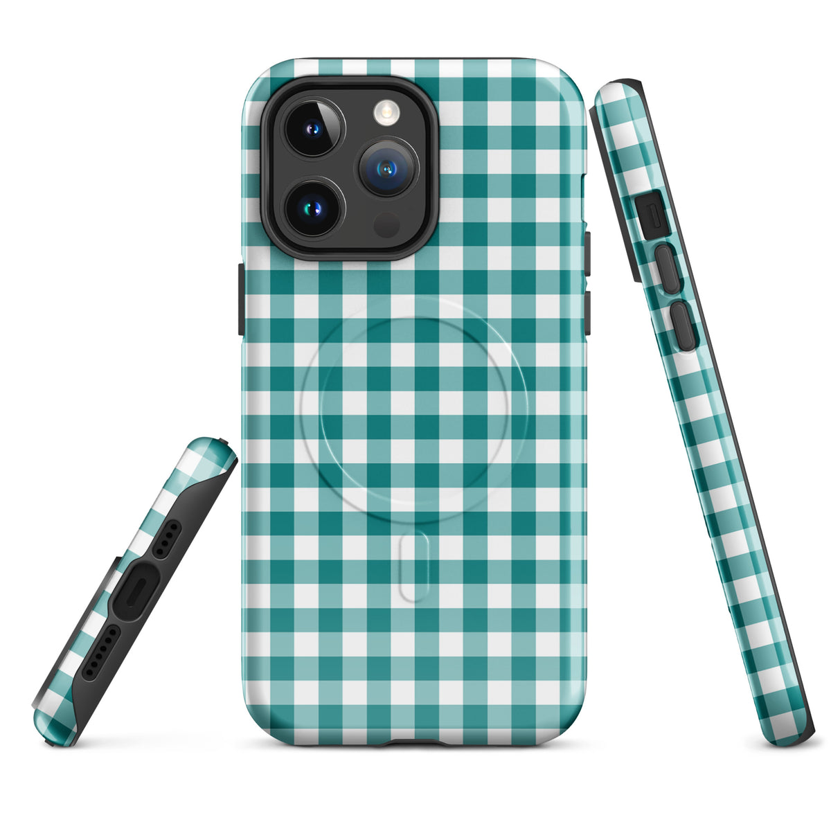 Magnetic Phone Case in teal and white gingham pattern for iPhone, stylish and durable accessory.
