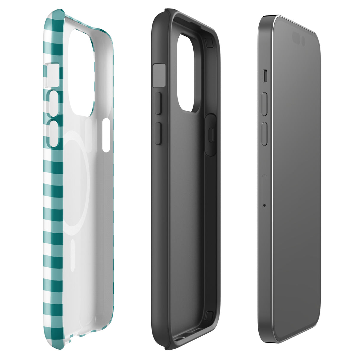 Magnetic Phone Case with teal and white gingham pattern for iPhone, stylish and durable design.