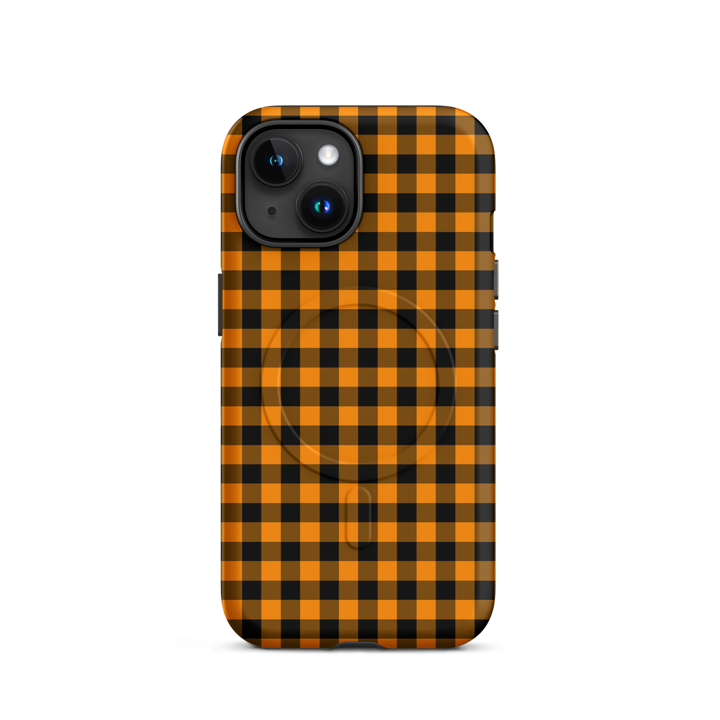 Magnetic Phone Case with black-and-orange gingham pattern; chic, durable iPhone accessory for Autumn/Fall theme lovers.