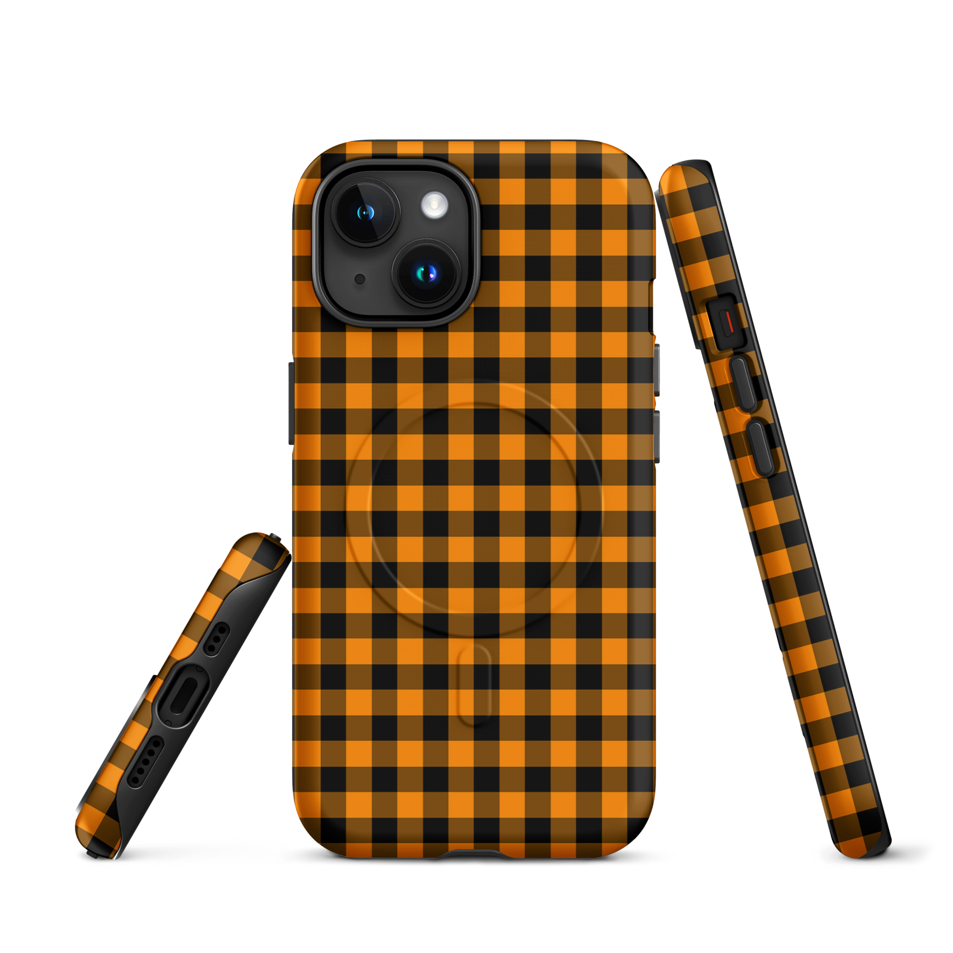 Magnetic Phone Case for iPhone with black-and-orange gingham autumn theme, showcasing stylish durability and charm.