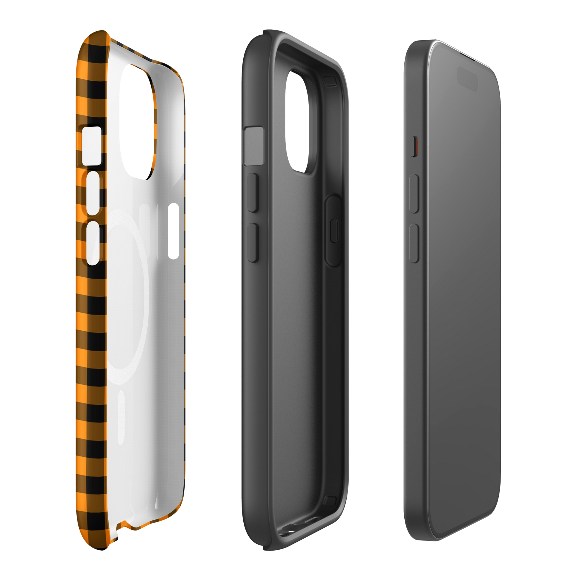 Magnetic Phone Case for iPhone with black-and-orange gingham Autumn theme, showcasing stylish design and durable features.