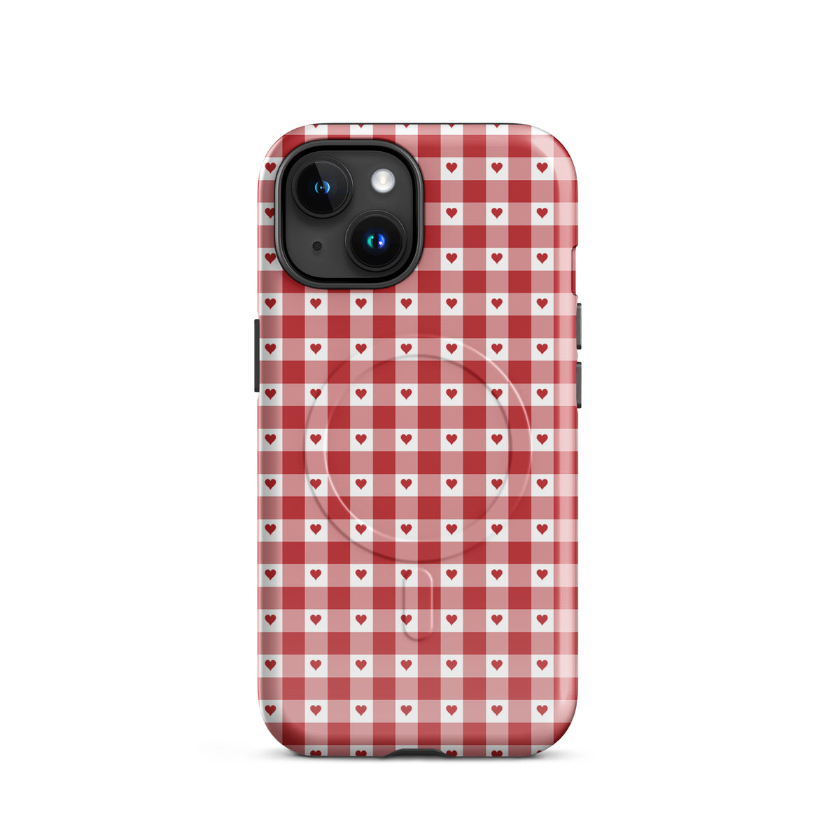 Magnetic Phone Case with red gingham pattern and hearts for iPhone, offering stylish charm and luxury