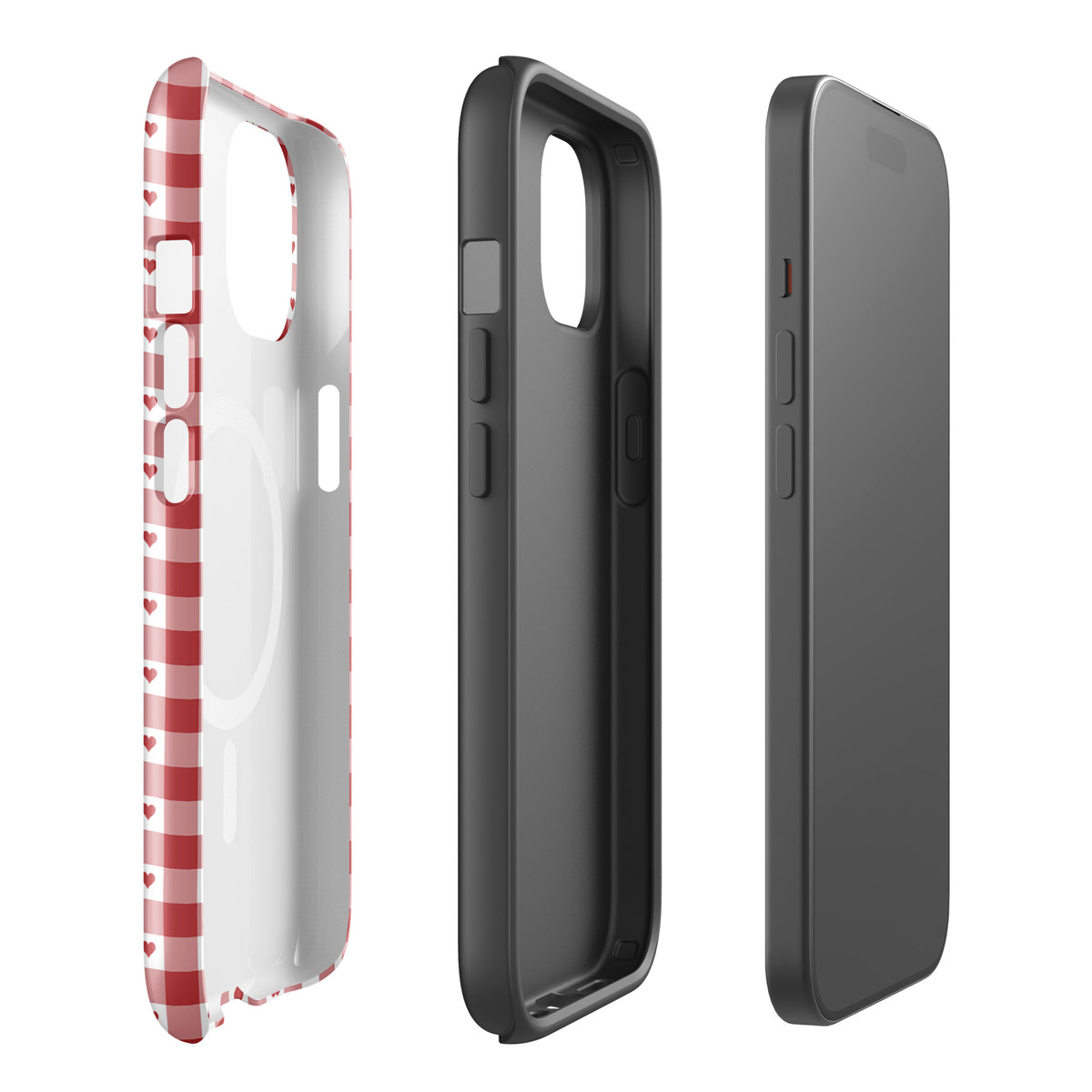 Magnetic Phone Case with red gingham heart pattern, stylish and durable design for iPhone, showcases front, back, and side views.