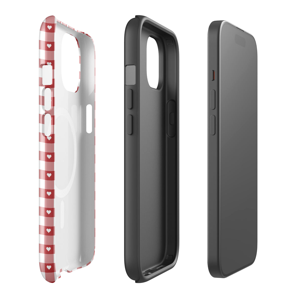 Magnetic Phone Case for iPhone in red and white gingham pattern with hearts, showcasing front and side views.