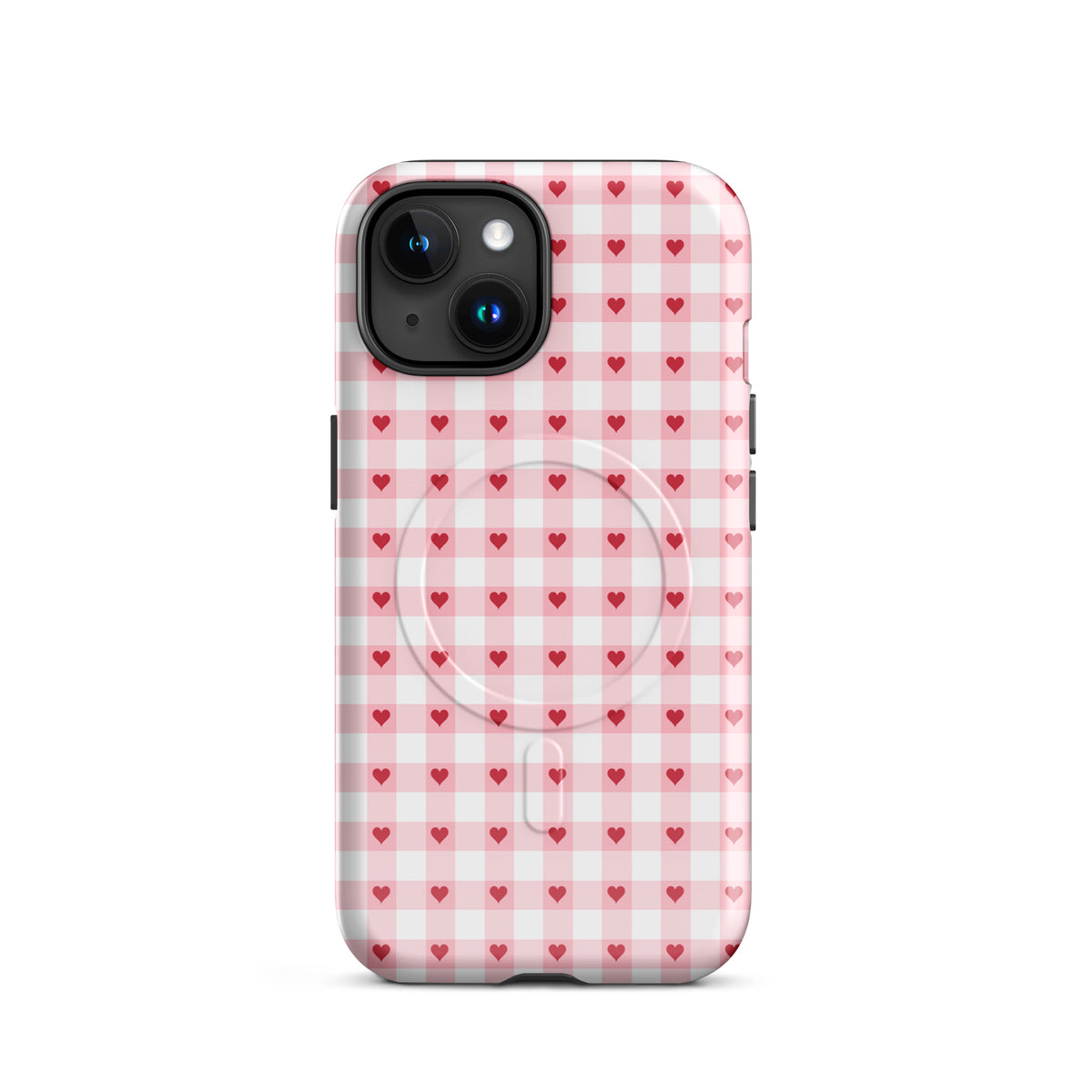 Magnetic Phone Case with pink-and-white gingham and red heart design for iPhone. Stylish protection with a playful charm.