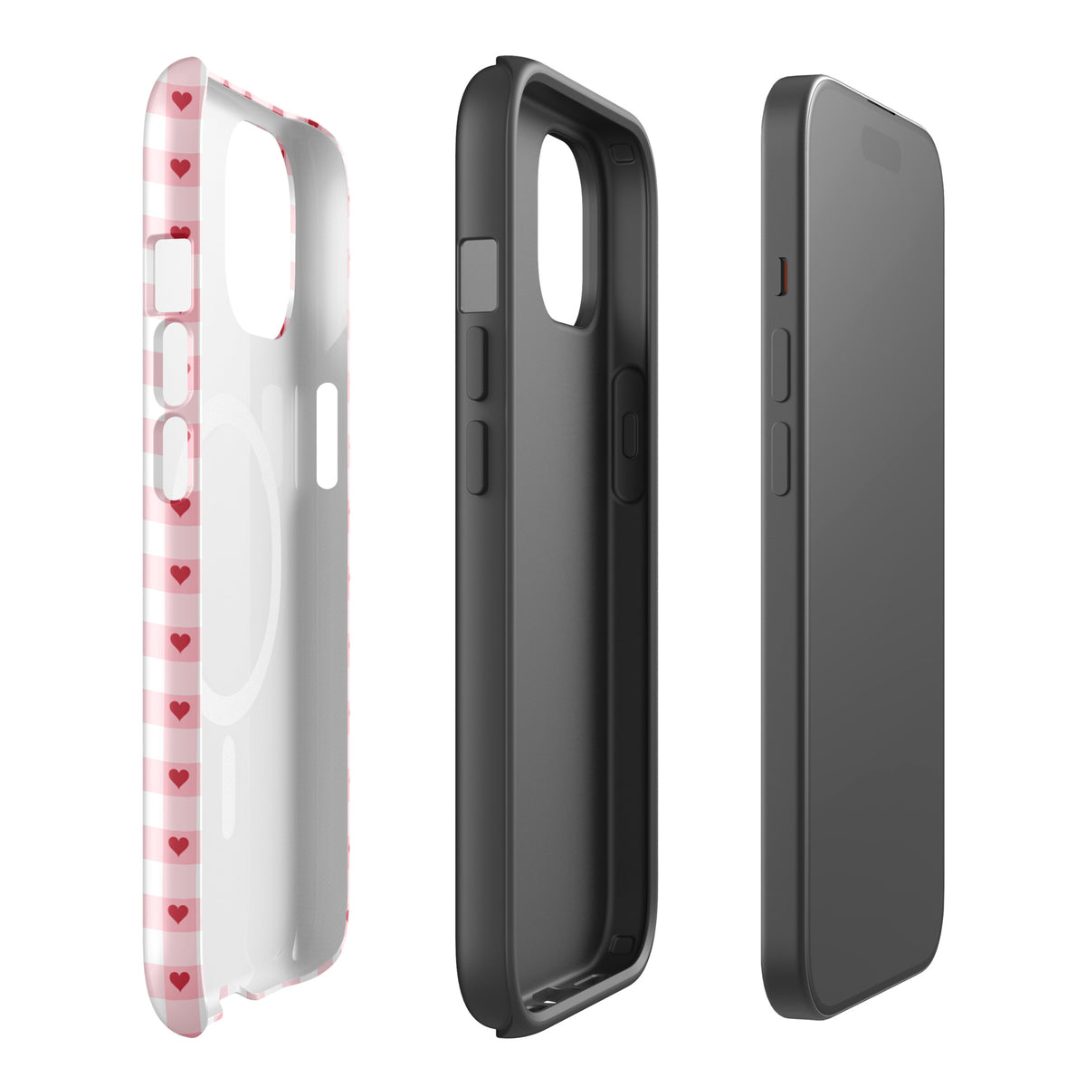 Magnetic Phone Case with pink-and-white gingham heart pattern for iPhone showing front and back views.