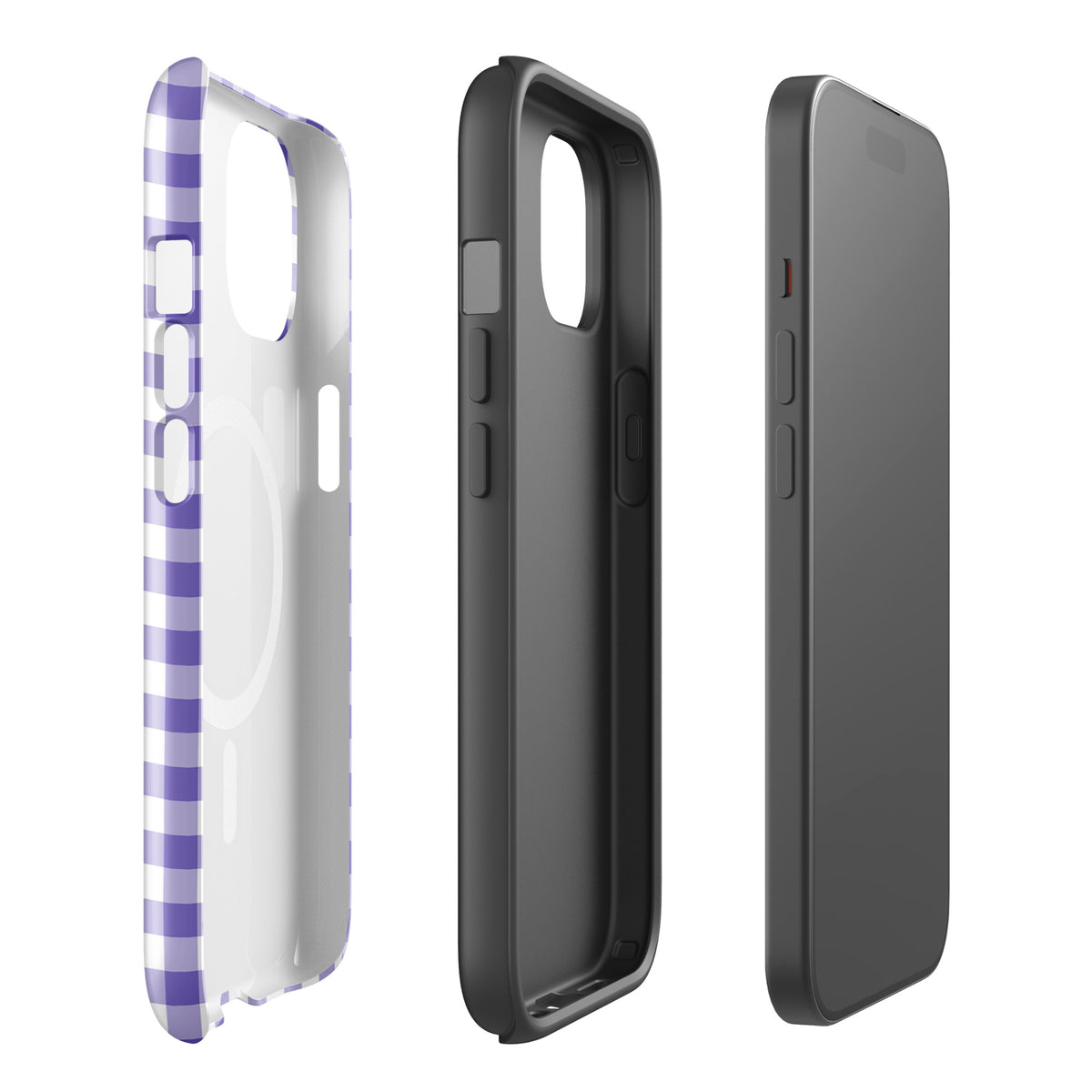 Magnetic Phone Case in purple and white gingham pattern offering stylish protection for iPhone.