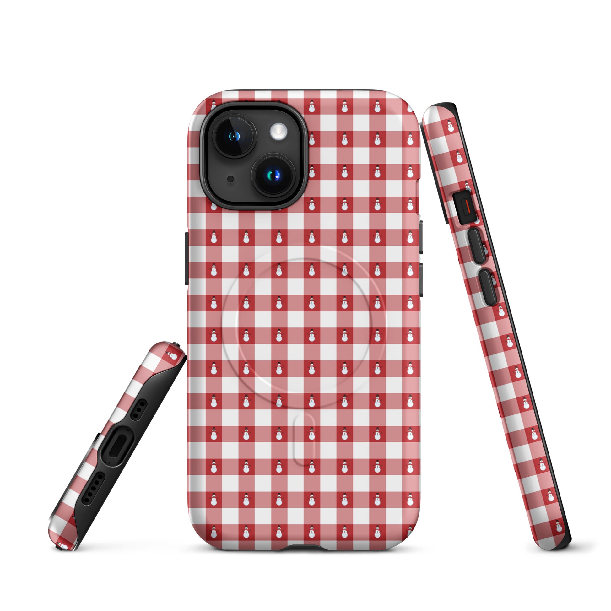 Magnetic Phone Case with snowman gingham design for iPhone, featuring festive red-and-white pattern for winter protection.
