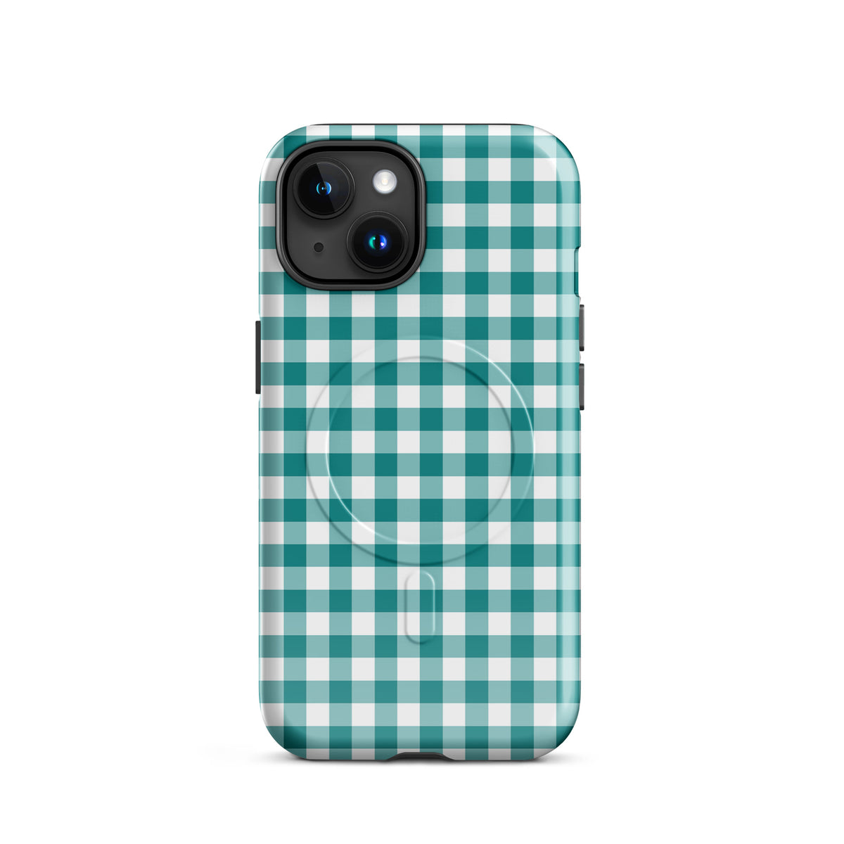 Magnetic Phone Case for iPhone in teal and white gingham pattern, blending style and protection.