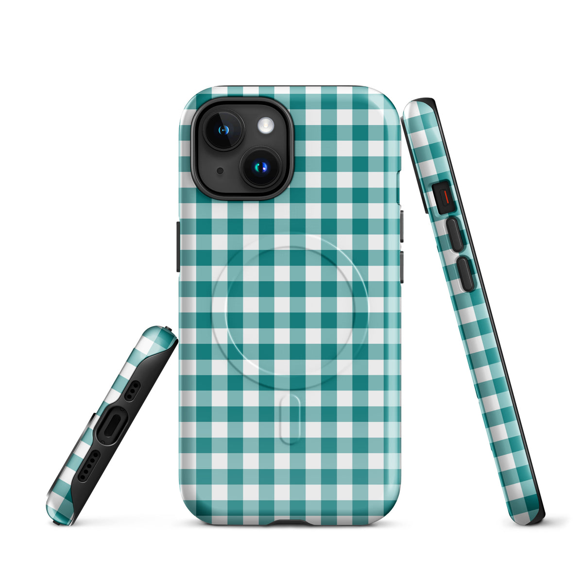 Magnetic Phone Case with teal and white gingham pattern for iPhone, offering style and protection.