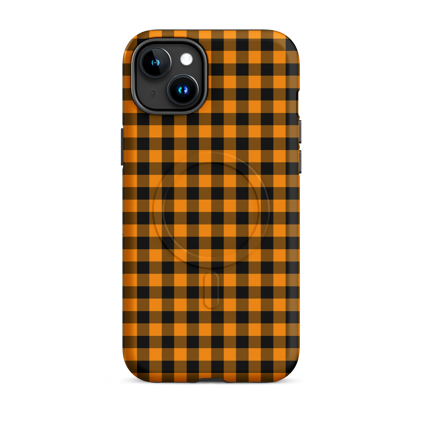 Magnetic Phone Case in black-and-orange gingham autumn theme for iPhone, combines style with durability. Fall accessory, luxury phone case.