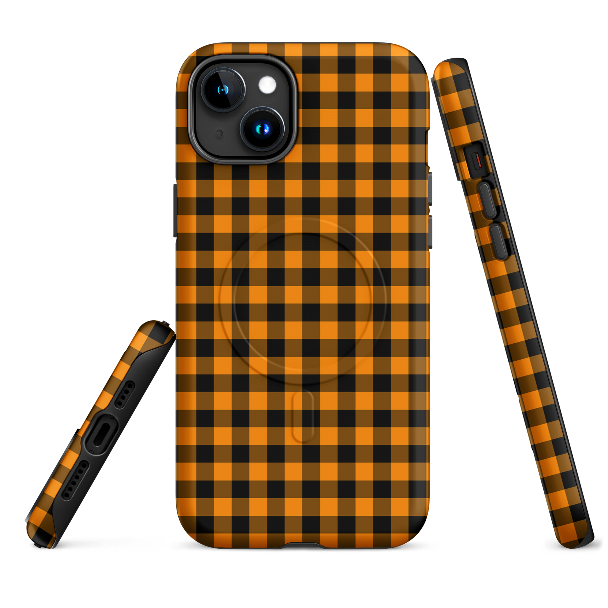 Magnetic Phone Case with black-and-orange gingham pattern for iPhone, stylish autumn theme offering durability and charm.