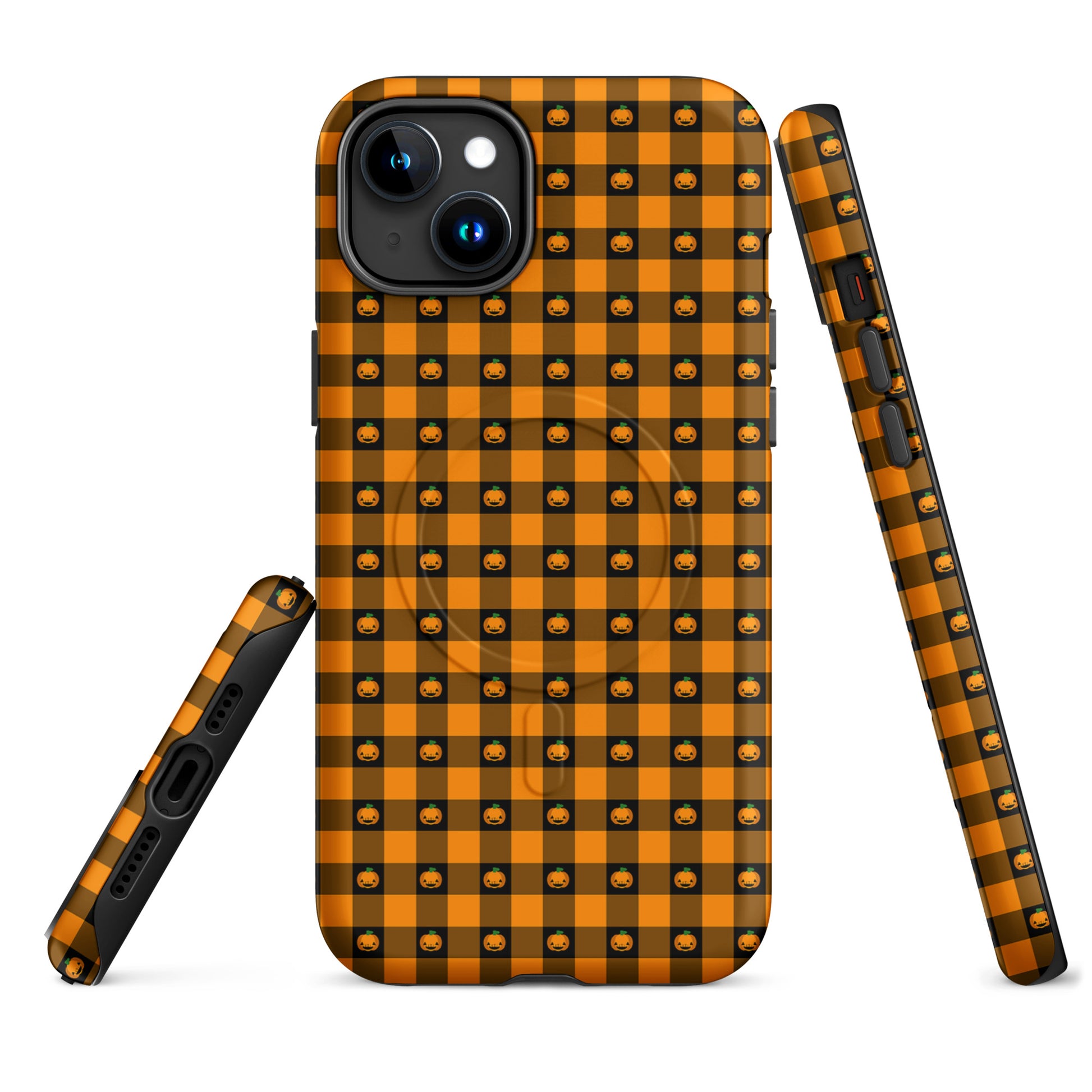 Magnetic Phone Case for iPhone with Halloween Pumpkin Gingham design, featuring jack‑o’-lantern faces on a bold checkered pattern.