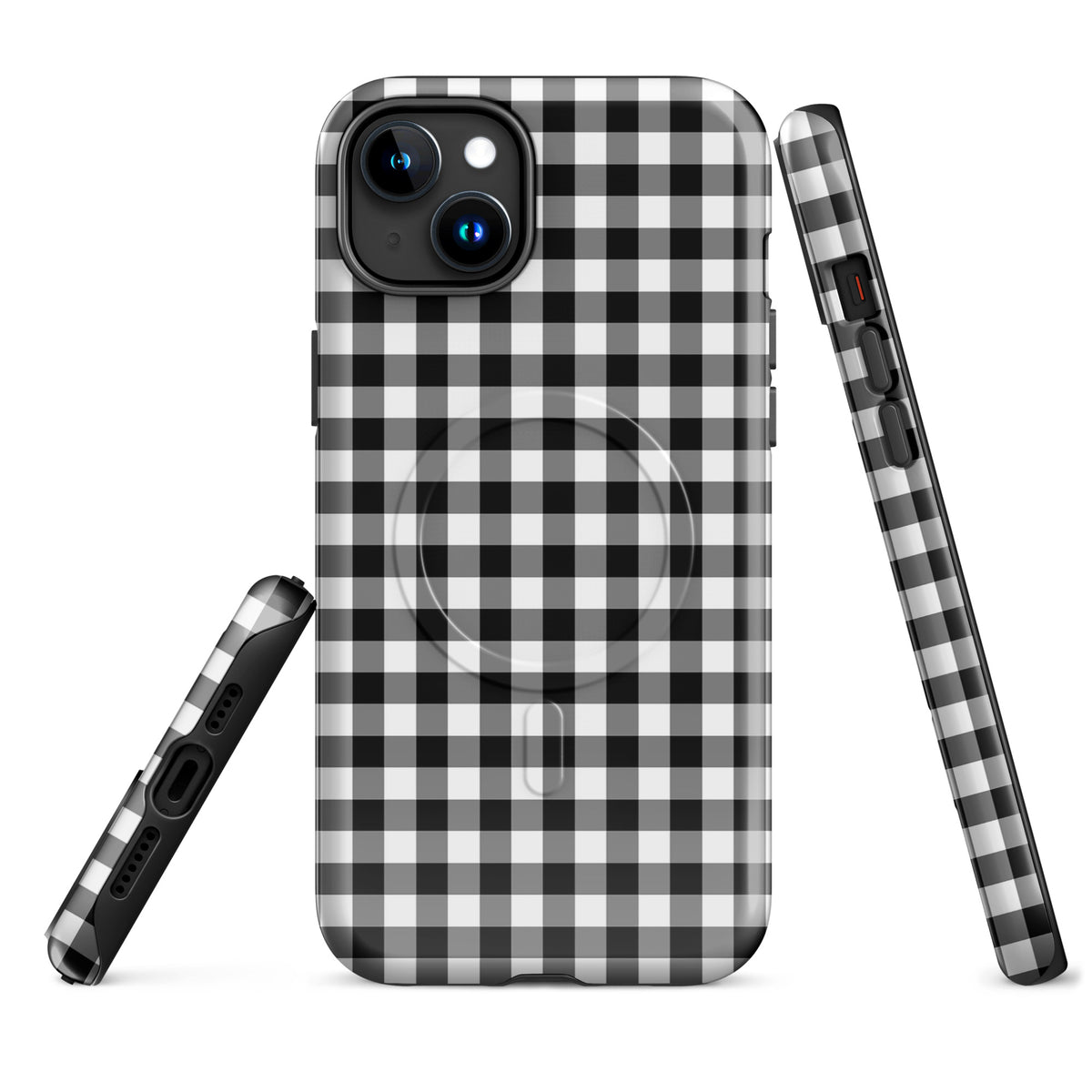 Magnetic Phone Case with black-and-white gingham pattern for iPhone showing stylish design and durable protection features.