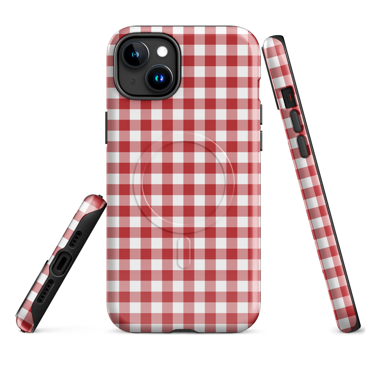 Magnetic Phone Case for iPhone with red-and-white gingham pattern, offering style and protection with luxury design and durability.