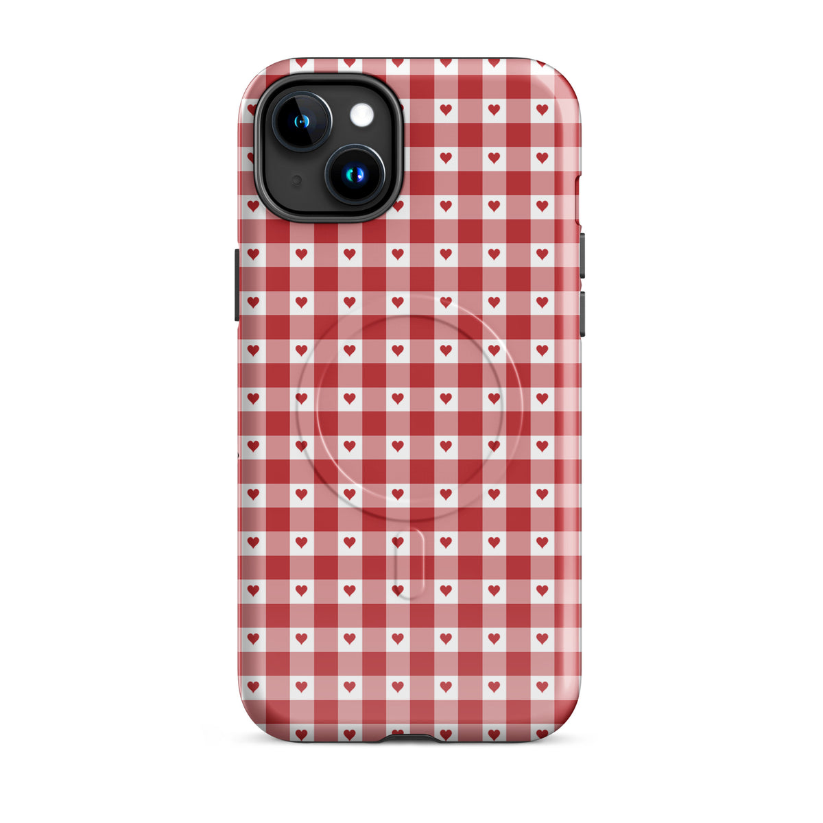 Magnetic Phone Case with red gingham heart pattern for iPhone, stylish and durable accessory.