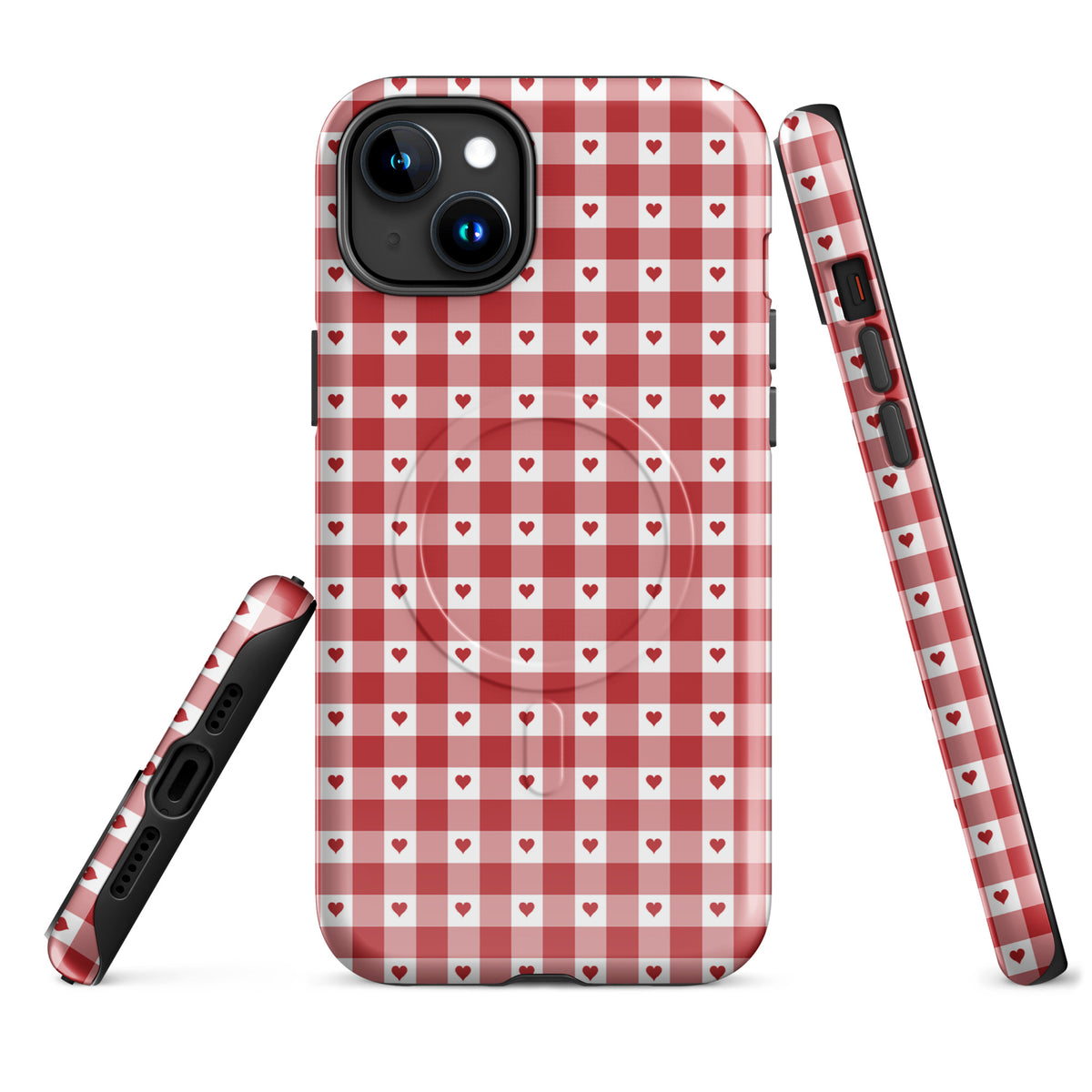 Magnetic Phone Case for iPhone with red gingham heart pattern, stylish and durable accessory.