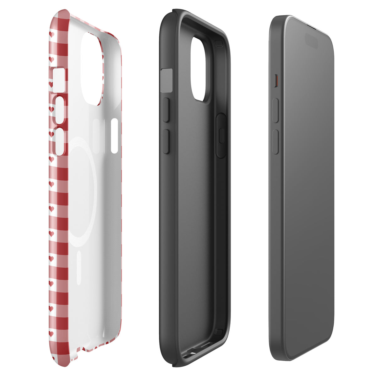 Magnetic Phone Case with red gingham heart pattern for iPhone, stylish and durable protection.