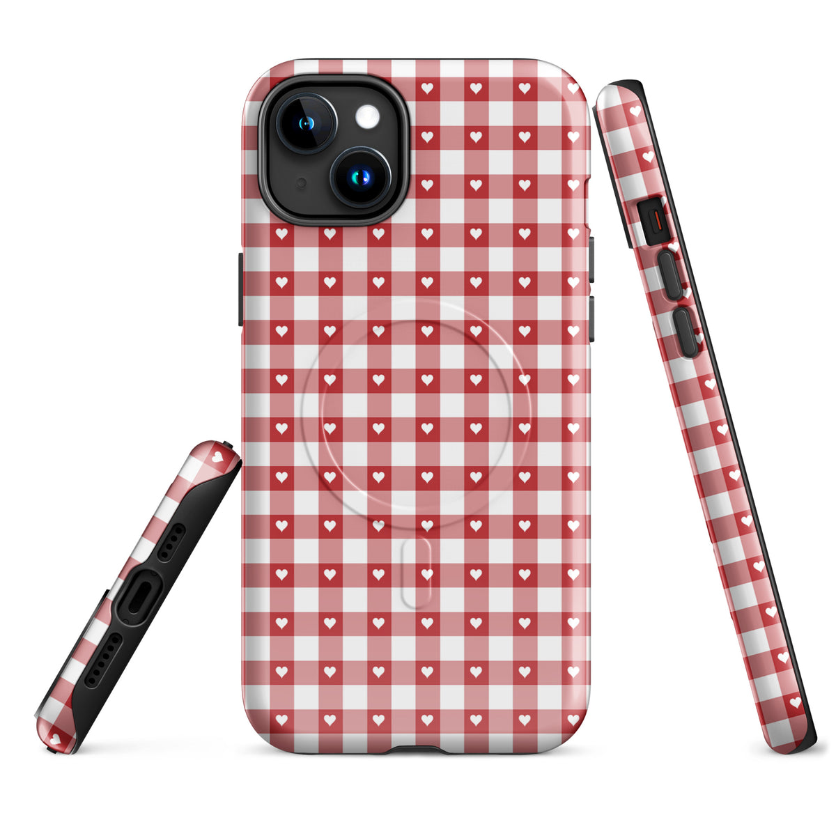 Magnetic Phone Case with red and white gingham pattern and hearts design for iPhone, providing style and protection.
