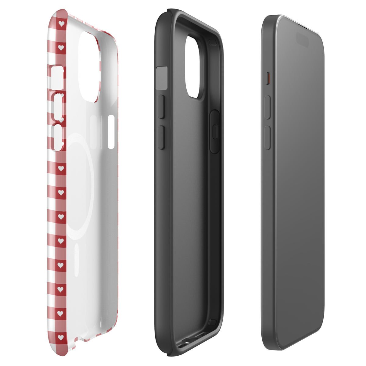 Gingham pattern Magnetic Phone Case for iPhone with red and white hearts, offering stylish protection and durability.