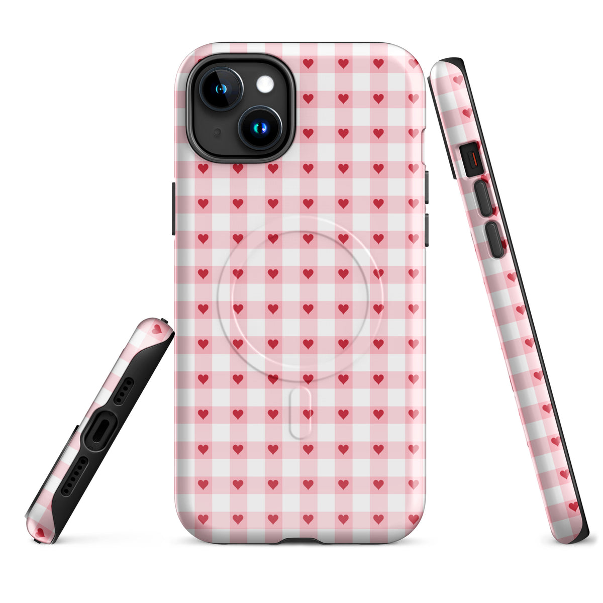 Magnetic Phone Case with pink-and-white gingham and red hearts for iPhone, stylish and durable accessory.