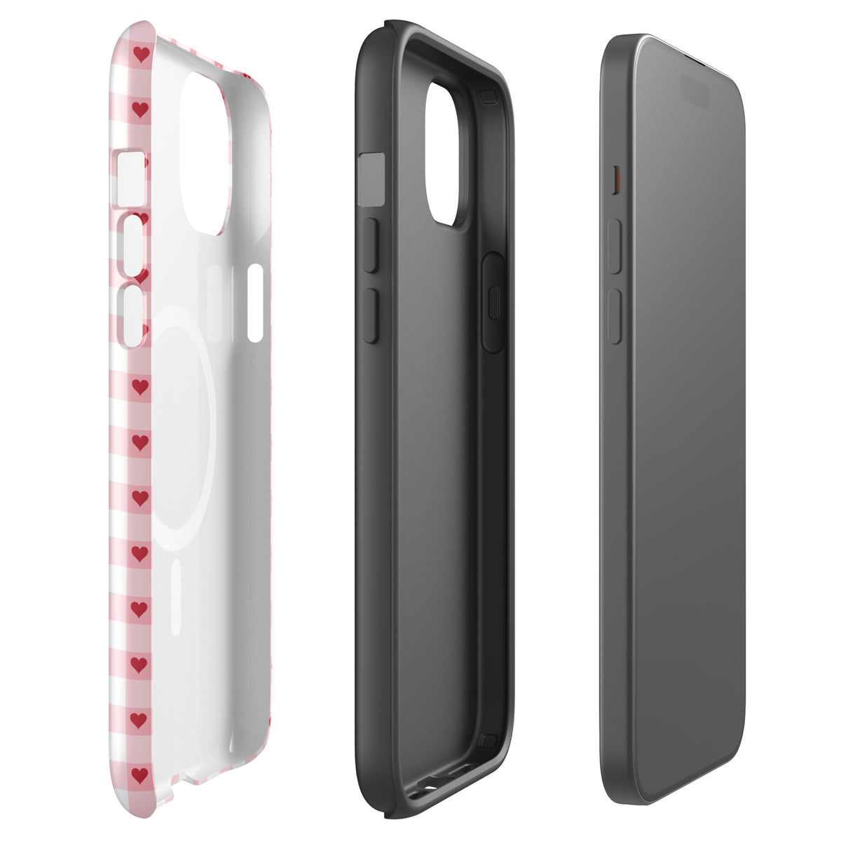 Magnetic Phone Case for iPhone with pink-and-white gingham pattern and red hearts, showcasing playful charm and elevated luxury.