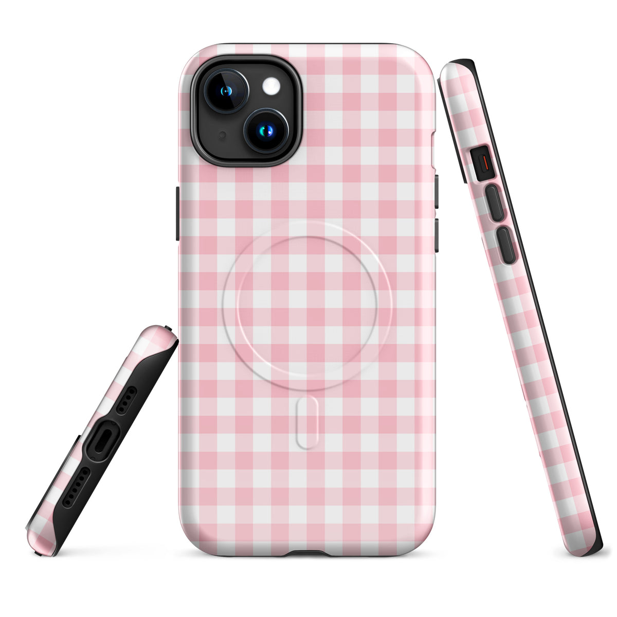 Magnetic Phone Case for iPhone in pink/white gingham pattern, combining style and protection.