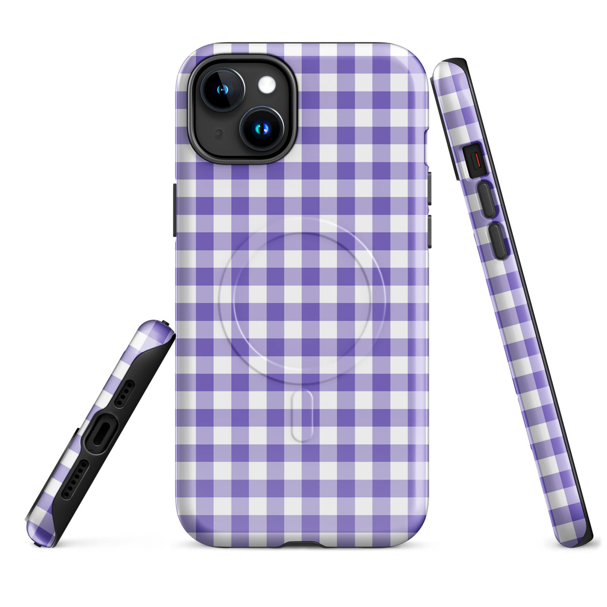 Magnetic Phone Case with purple and white gingham pattern for iPhone, showcasing stylish protection and charm.