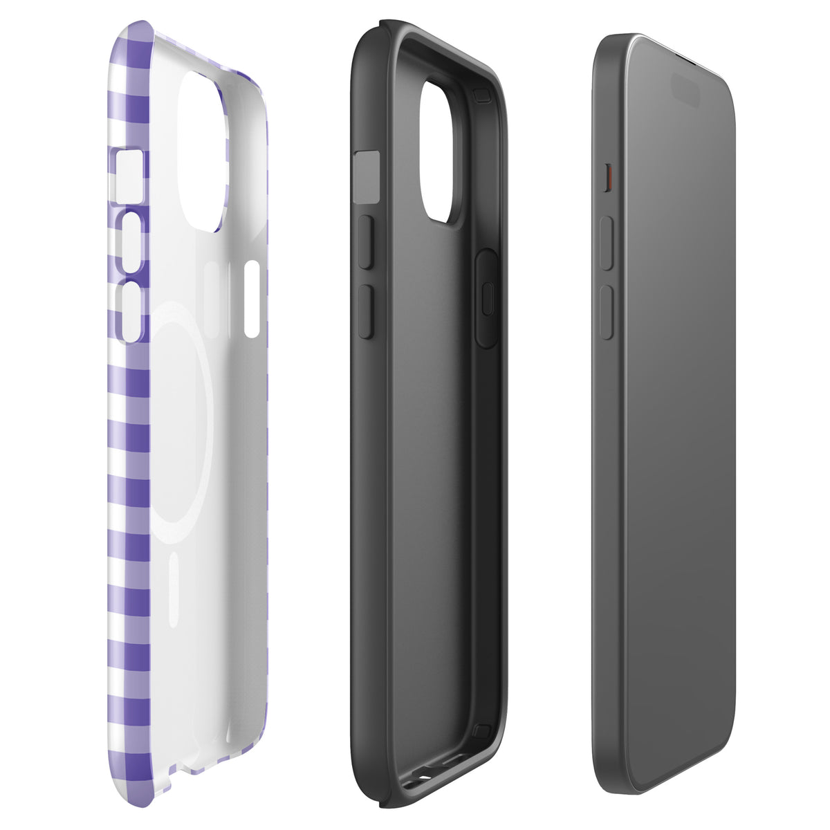 Magnetic Phone Case for iPhone with purple-and-white gingham pattern, highlighting style and protection.