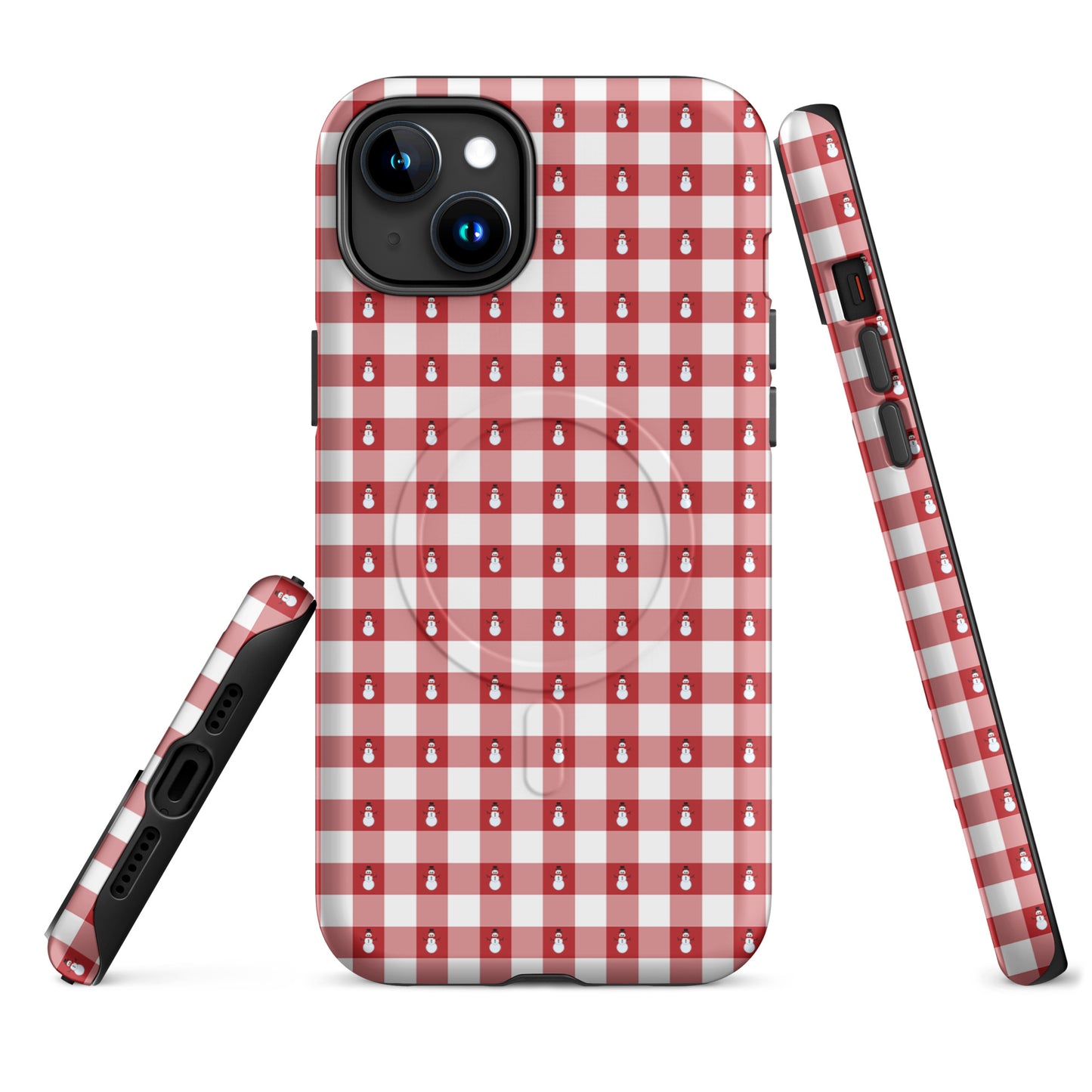 Magnetic Phone Case for iPhone with snowman gingham winter design, festive red-and-white pattern offering style and protection.