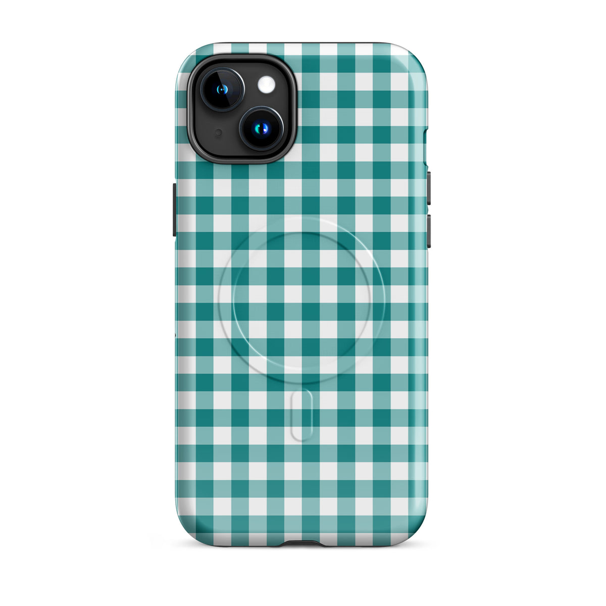 Magnetic Phone Case with teal and white gingham pattern for iPhone, offering stylish design and durable protection.