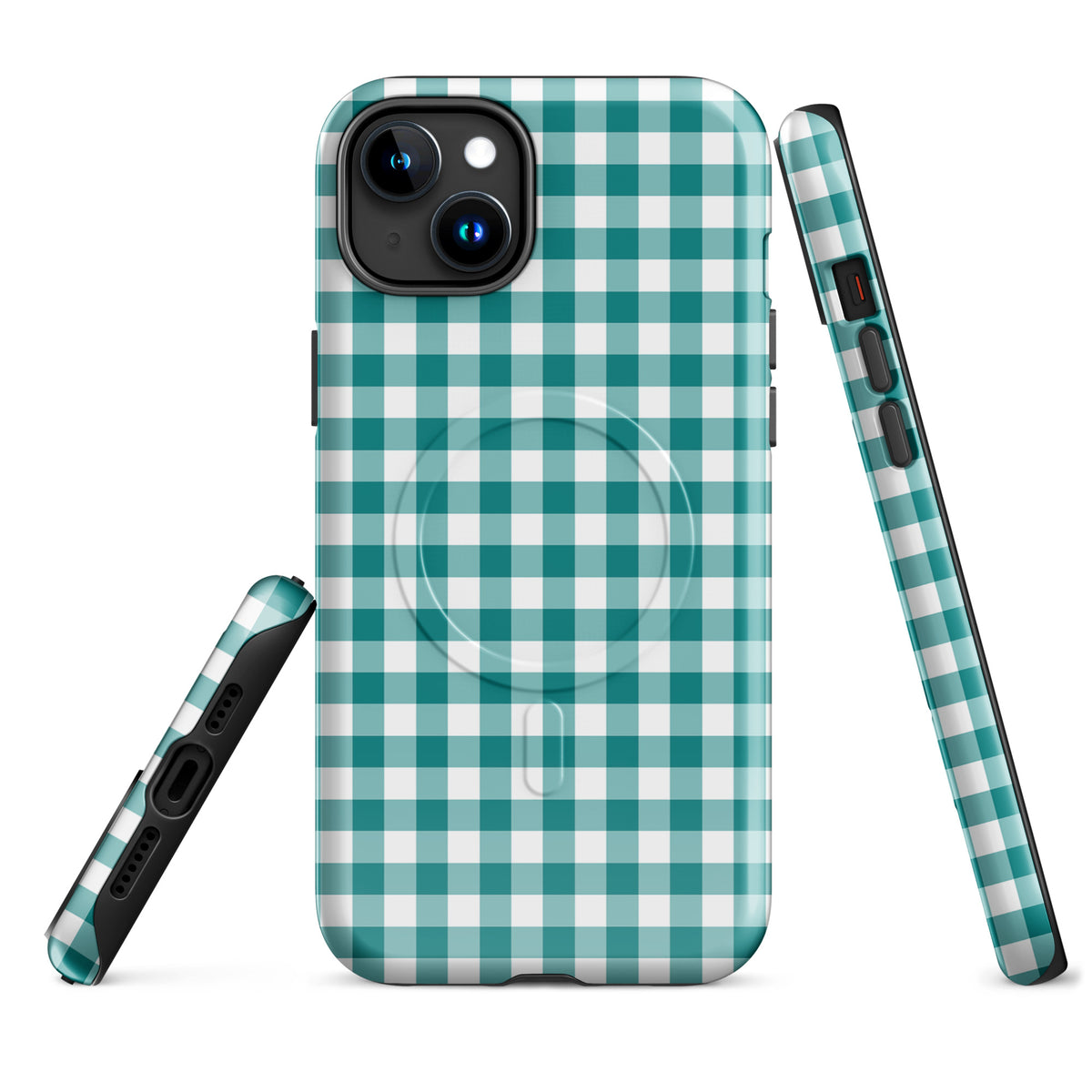 Magnetic Phone Case for iPhone with teal and white gingham pattern, offering style and protection.