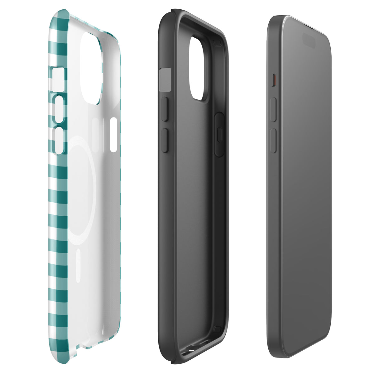 Magnetic Phone Case for iPhone in teal and white gingham pattern showcasing stylish durability and design.