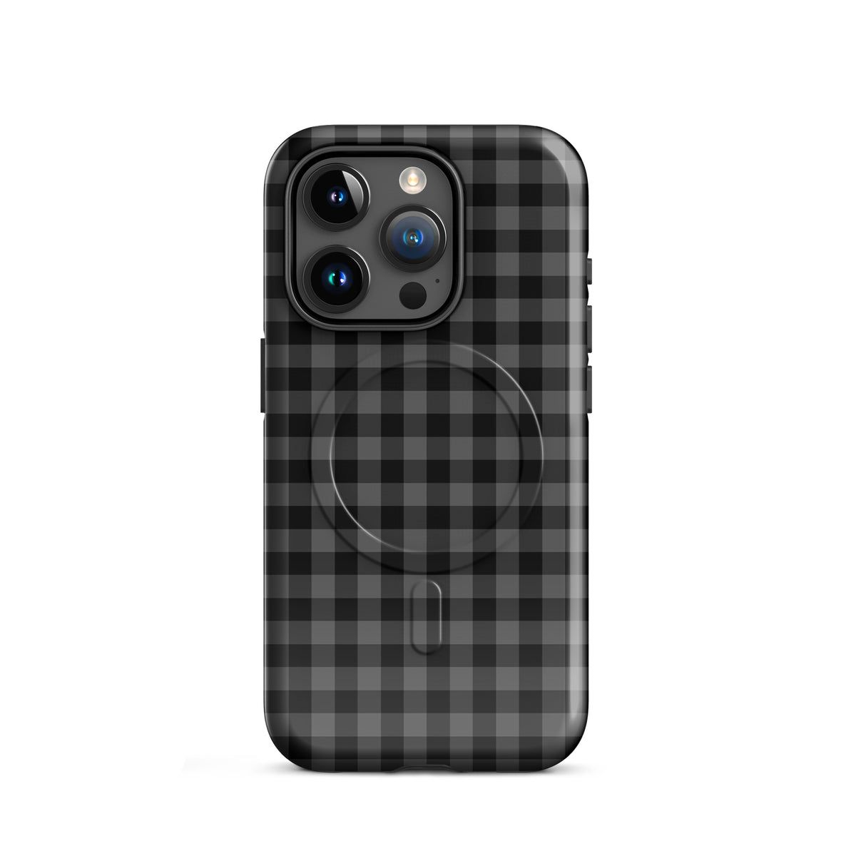 Magnetic Phone Case for iPhone with black charcoal gingham pattern offering chic style and superior protection.