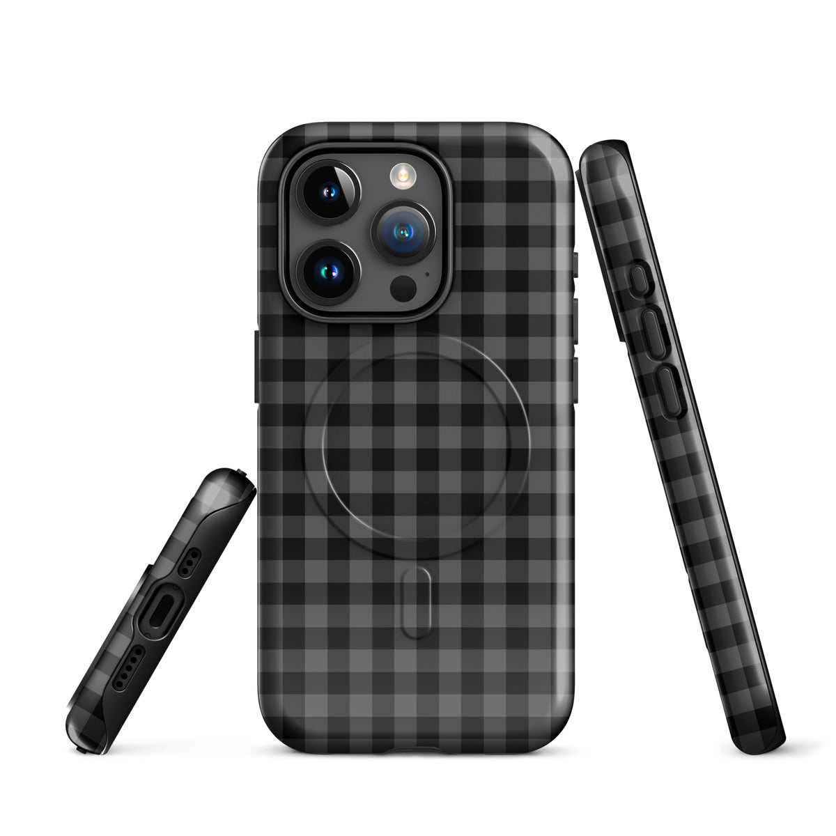 Magnetic Phone Case with black charcoal gingham pattern offering style and protection for iPhone.