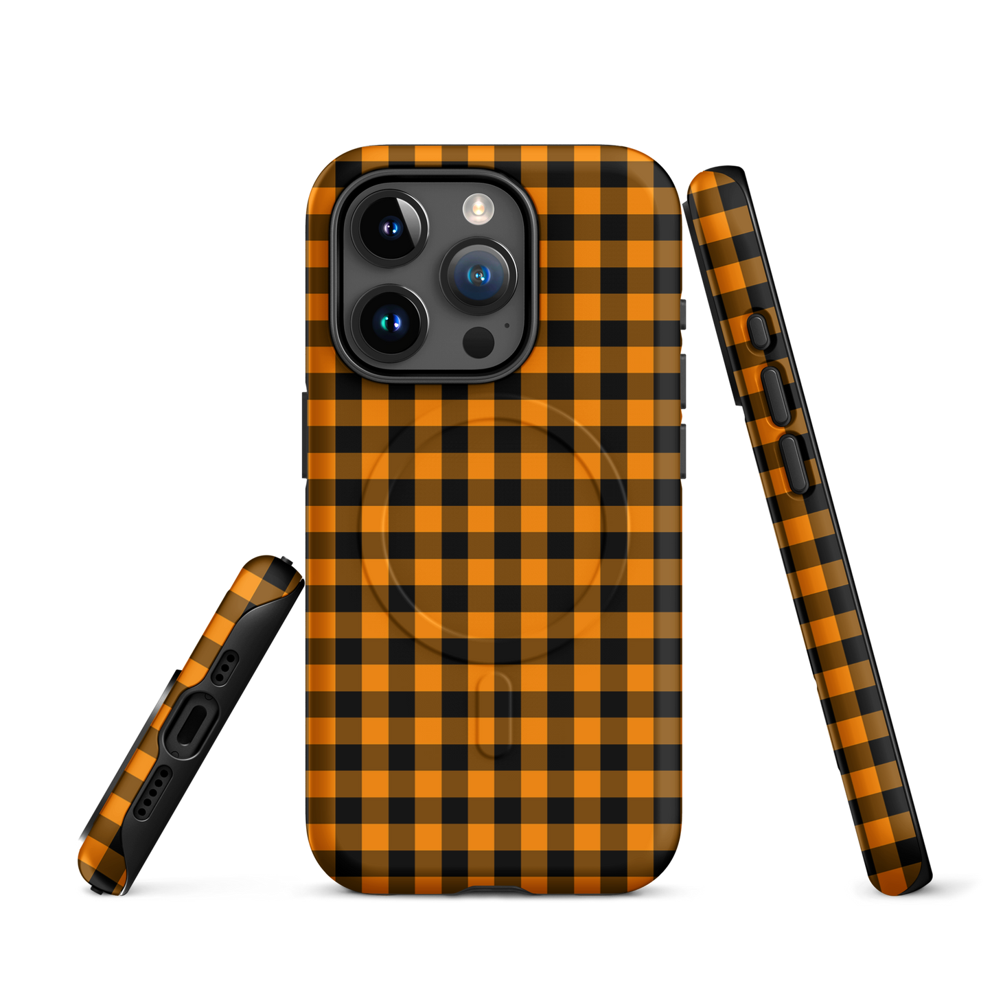 Magnetic Phone Case with black-and-orange gingham autumn design for iPhone, stylish and durable accessory.