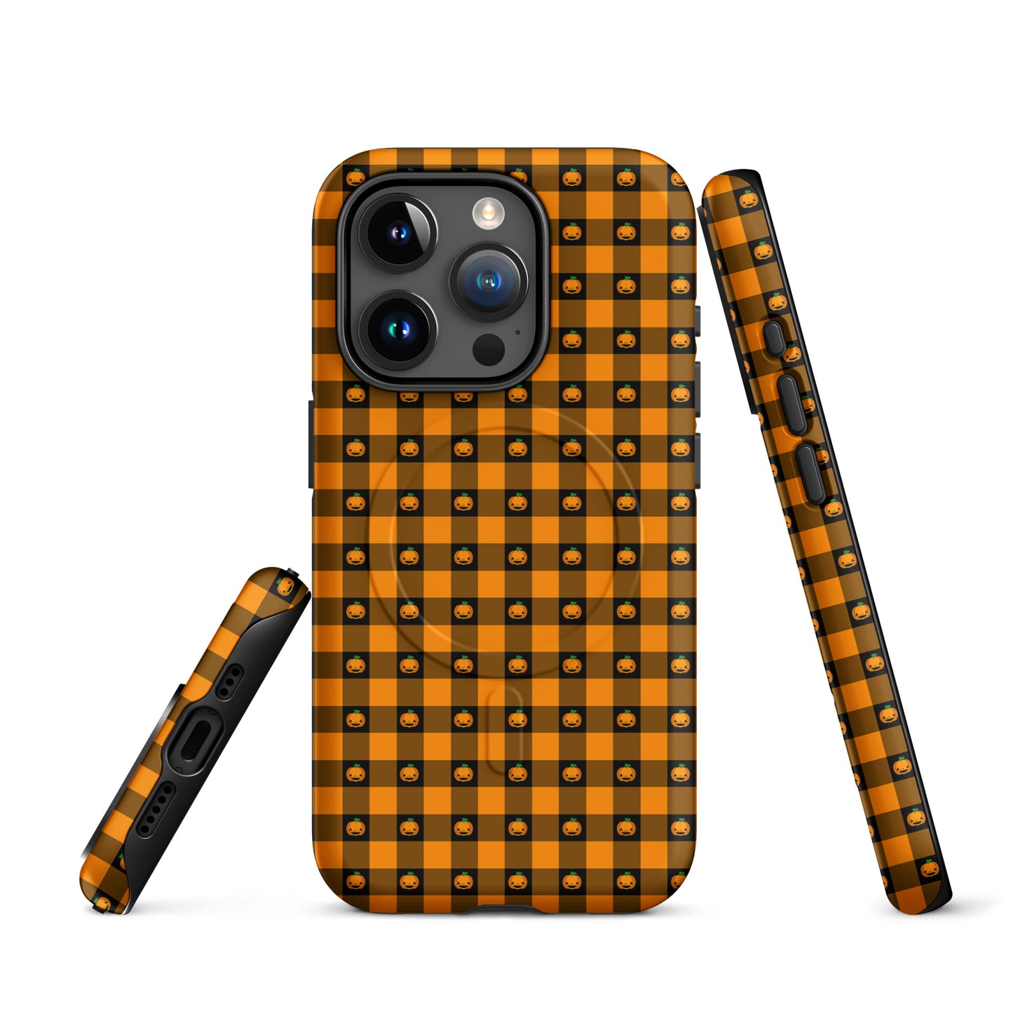 Magnetic Phone Case for iPhone with Halloween Pumpkin Gingham design featuring jack-o'-lantern faces on an orange and black checkered pattern.